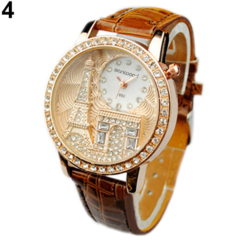 Fashion Women Lady Eiffel Tower Dial Faux Leather Band Quartz Wrist Watch