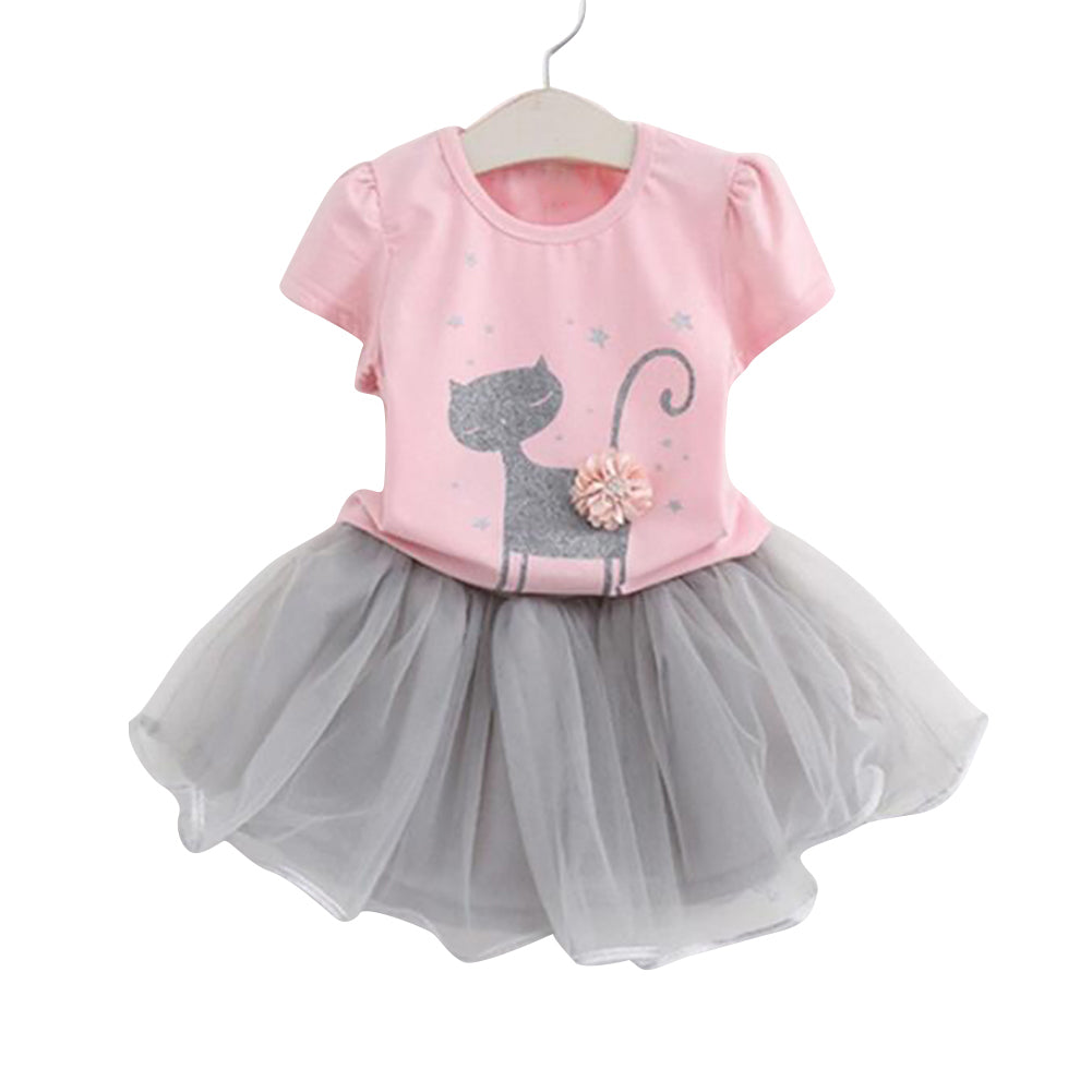 Kids Girls Fashion Cat Pattern T-shirt Short Sleeve Dancewear Party Tutu Skirt Set