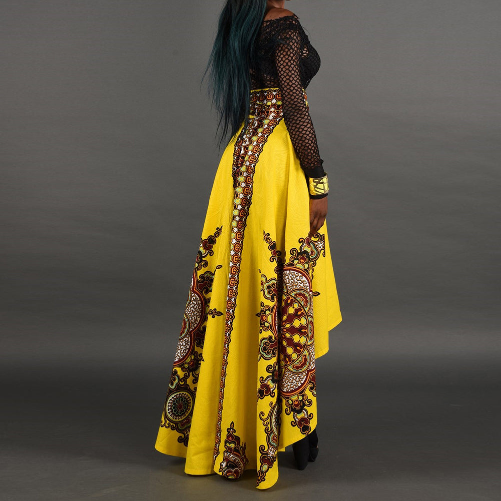 Ethnic Pattern Irregular Women Spring Summer Party Banquet Long Umbrella Skirt