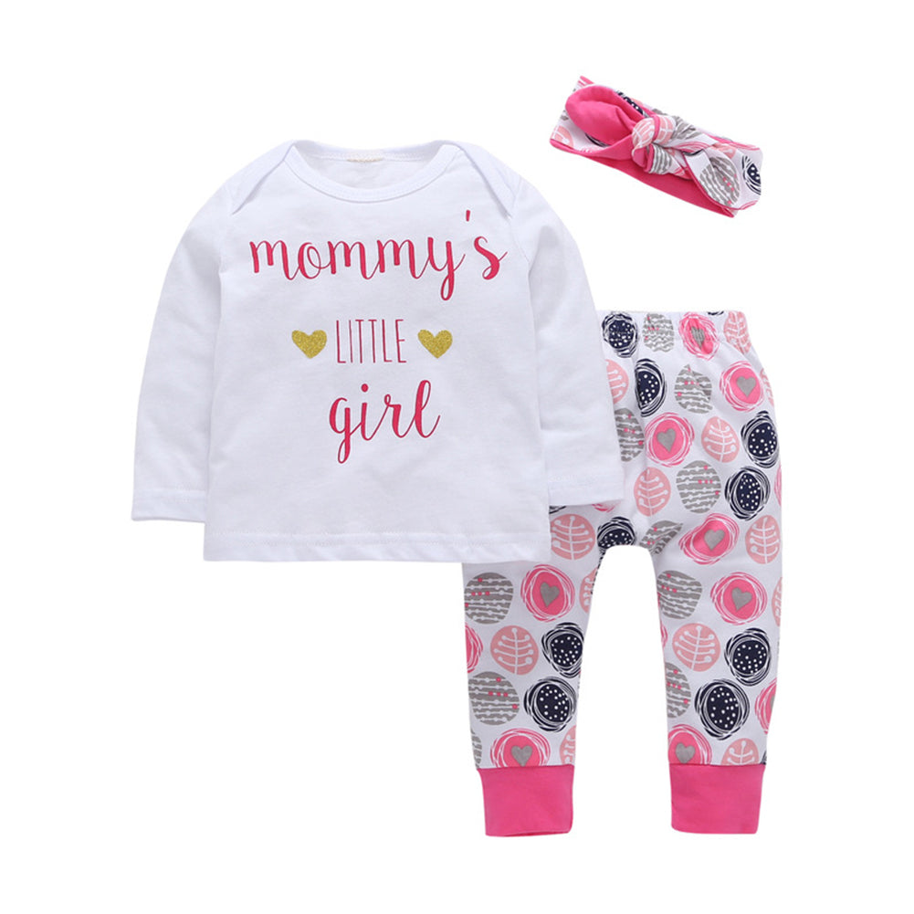 Mummy's Little Girl Letter Print Long Sleeve T-Shirt Pants Hair Band Outfit Set