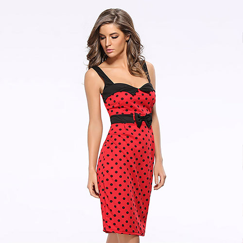 Women Summer Vintage Sexy Polka Dots Sleeveless Bodycon Bowknot Pencil Dress