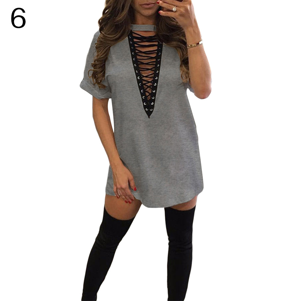 Lady Sexy Cross Lace Up V Neck Casual Short Sleeve Choker T-Shirt Top Dress