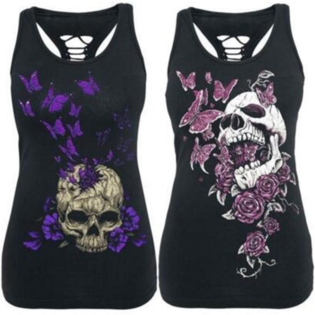 Women Summer Fashion Skull Print Sleeveless Slim Fit Hollow Out Tank Top Vest