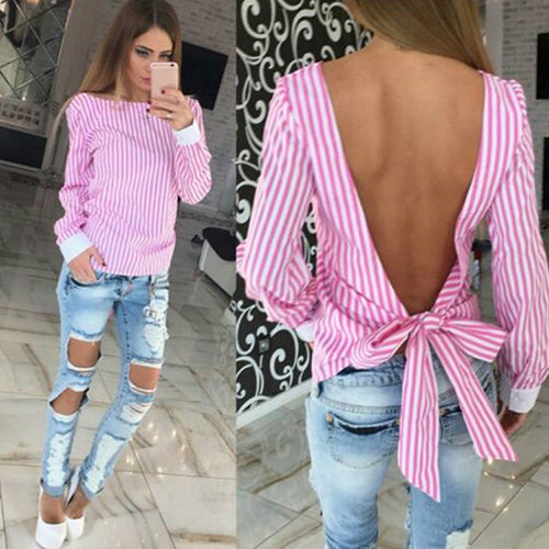 Women's Sexy Bowknot Backless Striped Slim Blouse Shirt Long Sleeve O Neck Top