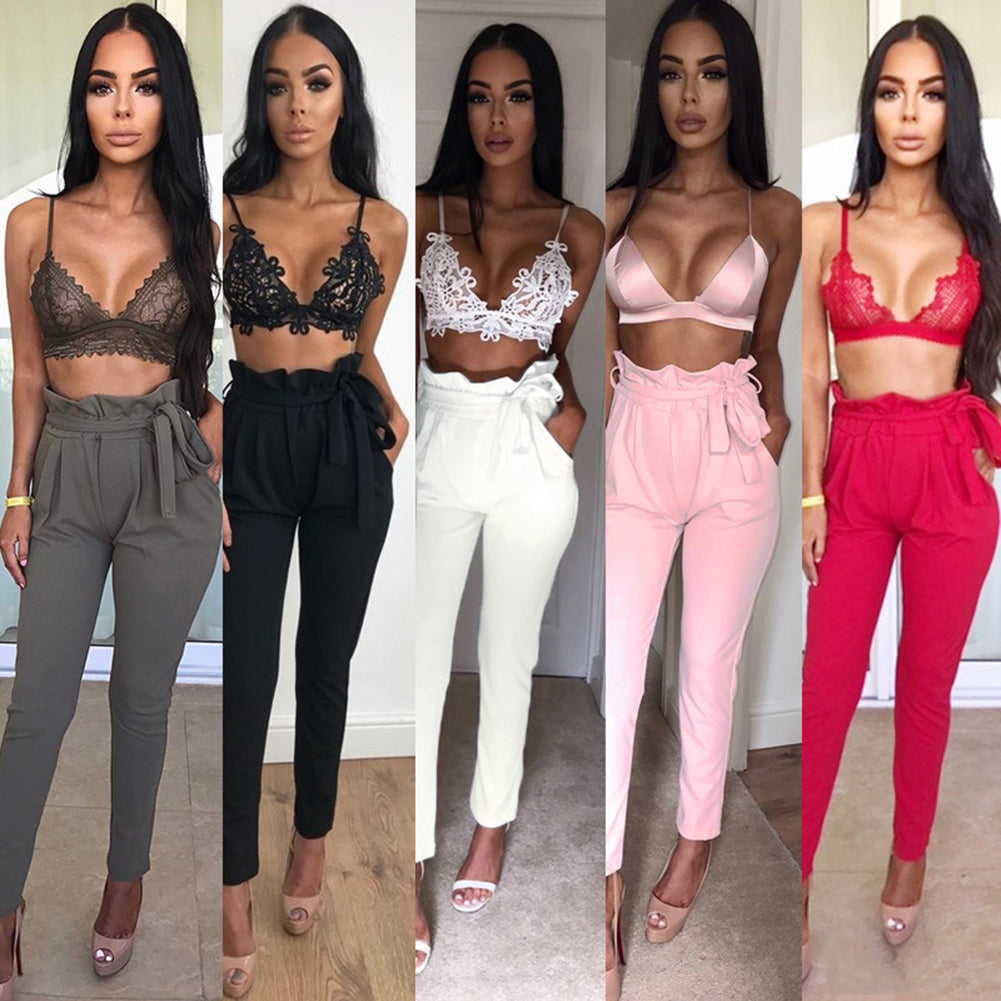 Women Casual Solid Color Trousers Waist Belt Ruffled Waist Long Pencil Pants