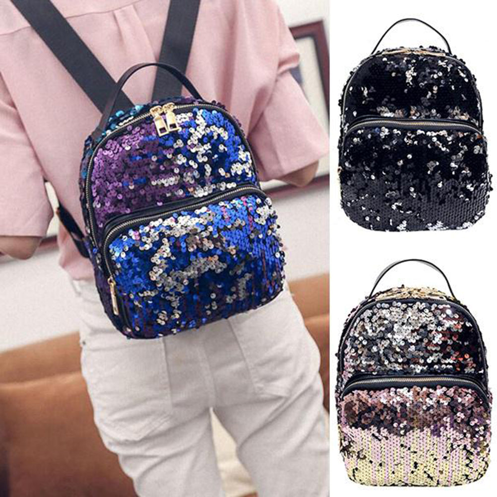 Bling Sequins Travel School Backpack Fashion Women Faux Leather Shoulder Bag