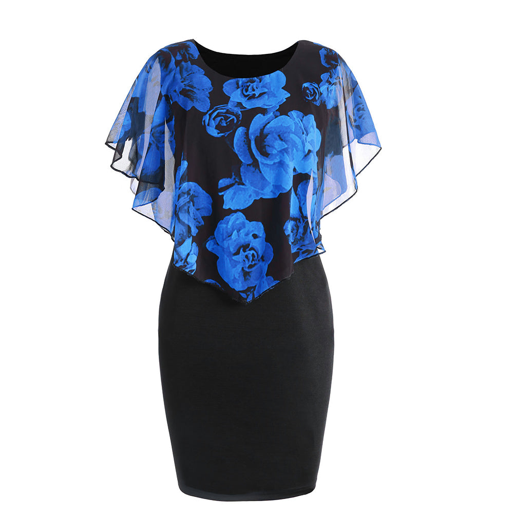 Fashion Elegant Rose Floral Print Shawl Design Round Neck Slim Fit Women Dress