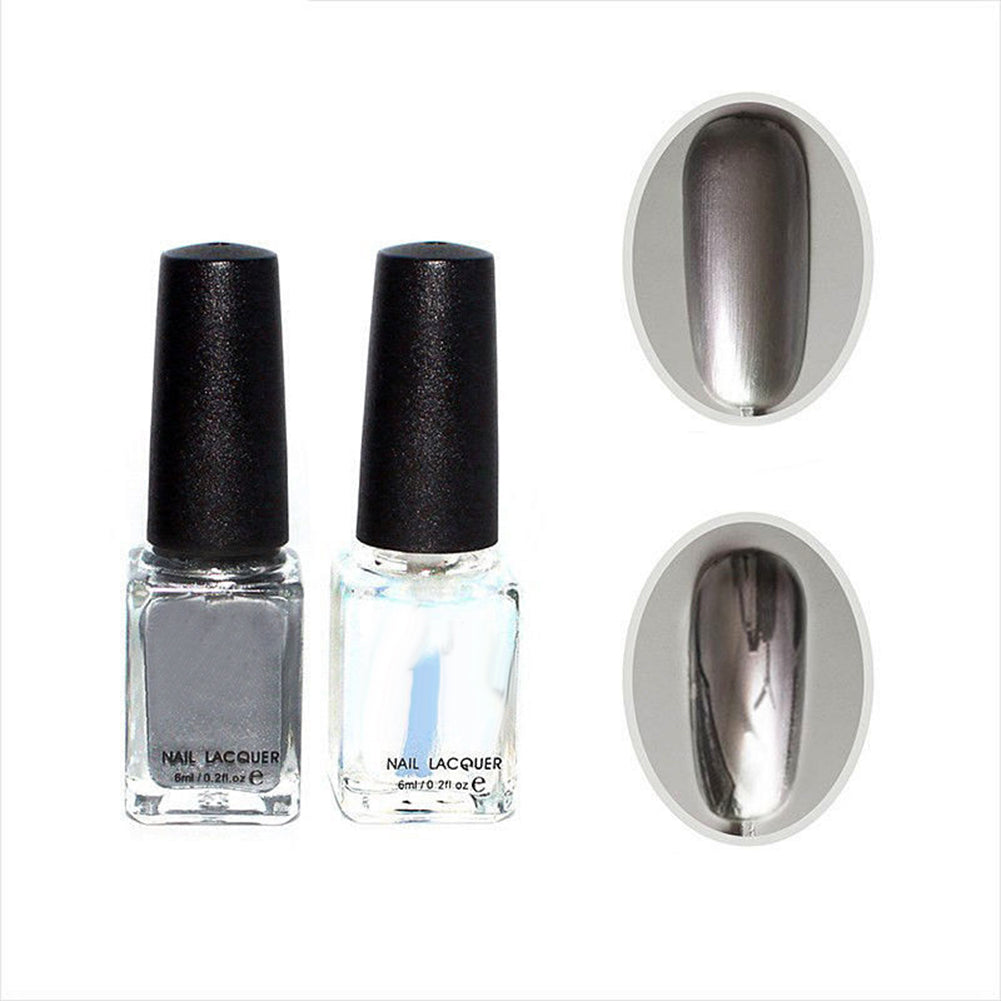 2Pcs Silver Metal Mirror Effect Metallic Nail Art Polish Varnish  and  Base Coat Nail DIY