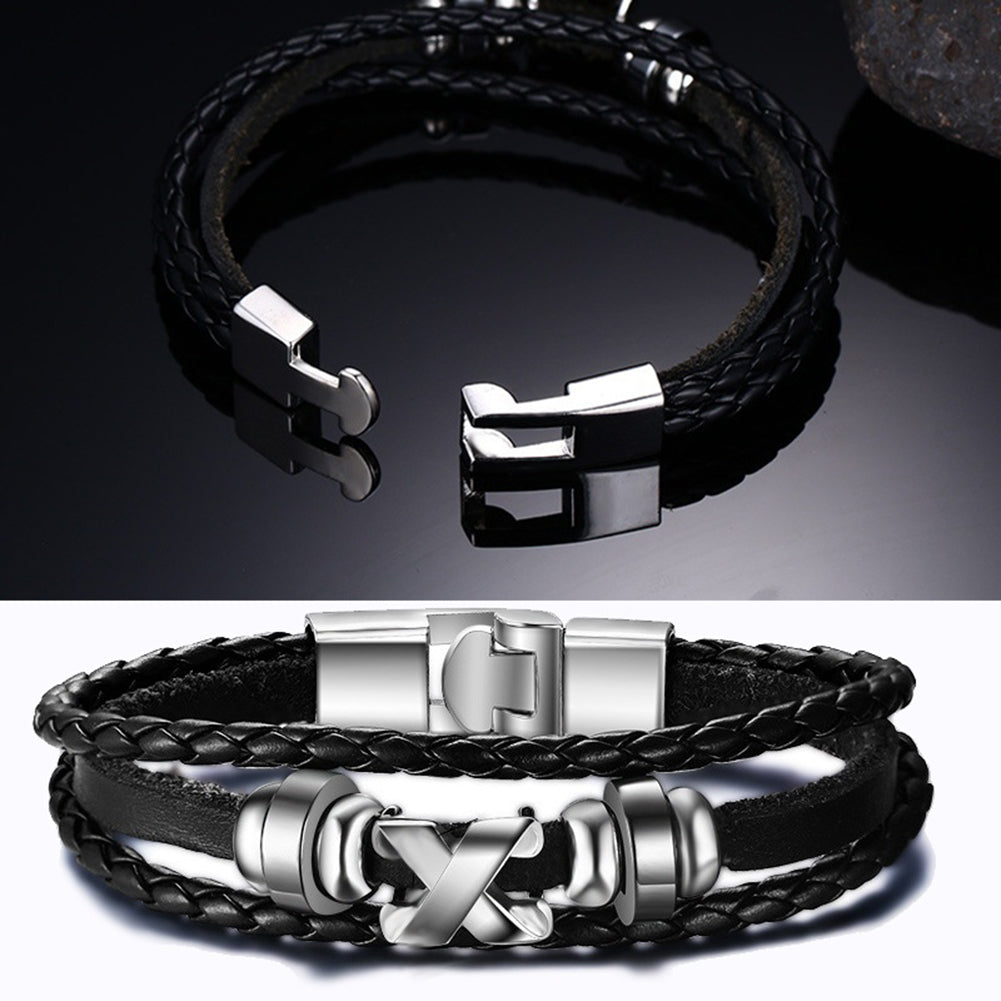 Men Fashion Letter X Bracelet Bangle Braid Faux Leather Clasp Jewelry Accessory