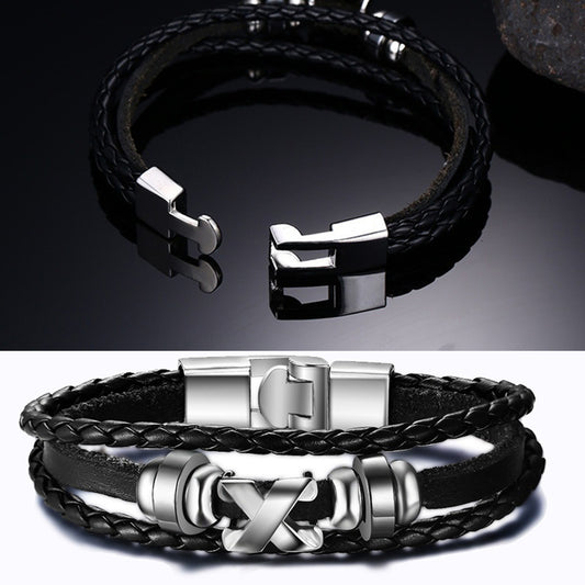Men Fashion Letter X Bracelet Bangle Braid Faux Leather Clasp Jewelry Accessory