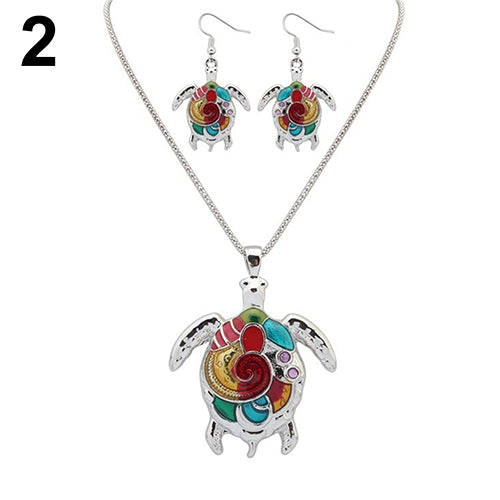 Multi-Color Tortoise Pendant Necklace Turtle Drop Hook Earrings Jewelry Set
