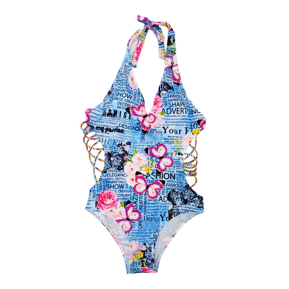 Butterfly Letter Print Swimsuit Halter Bandage Backless Swimwear Women Monokini