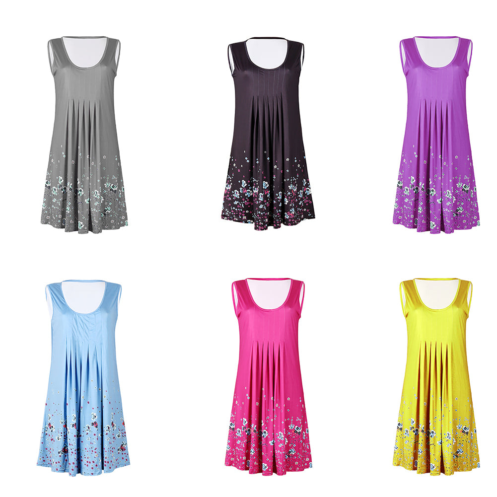 Flower Print Sleeveless Women Loose Summer Beach Evening Party Boho Mini Dress