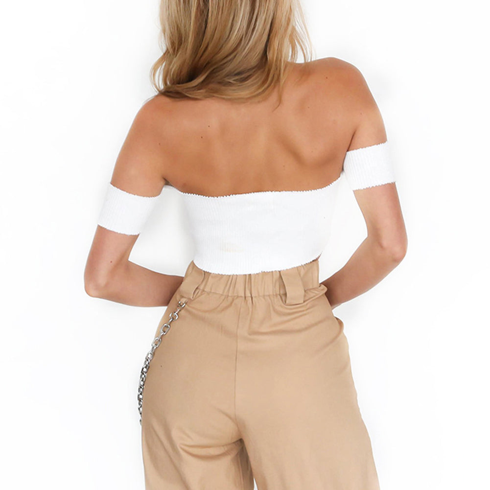 Sexy Off Shoulder Deep V-Neck Solid Color Slim Short Sleeve Club Lady Crop Top