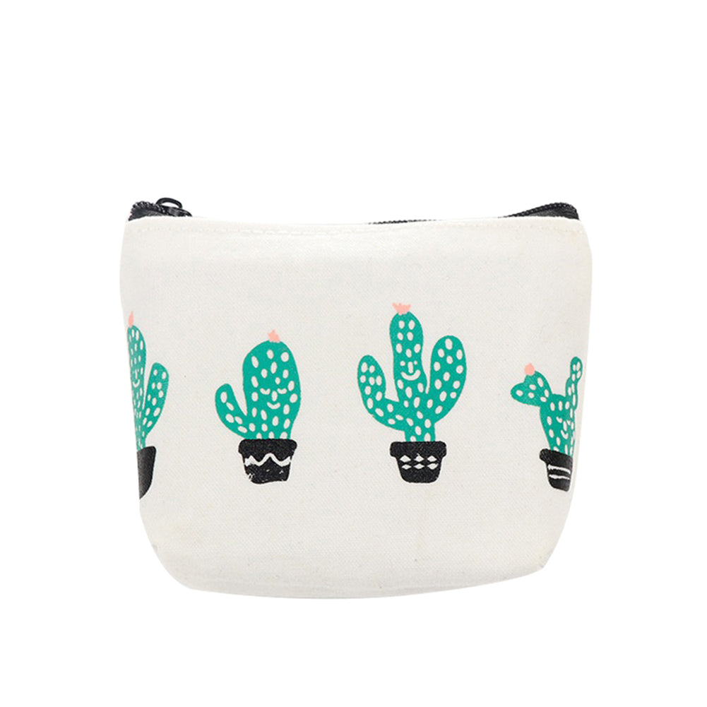 Green Cactus Print Canvas Coin Purse Mini Card Holder Zipper Pouch Wallet