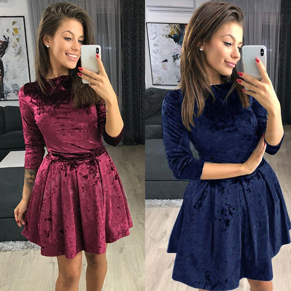 Winter Three-quarter Sleeve Evening Party Solid Color Crushed Velour Mini Dress