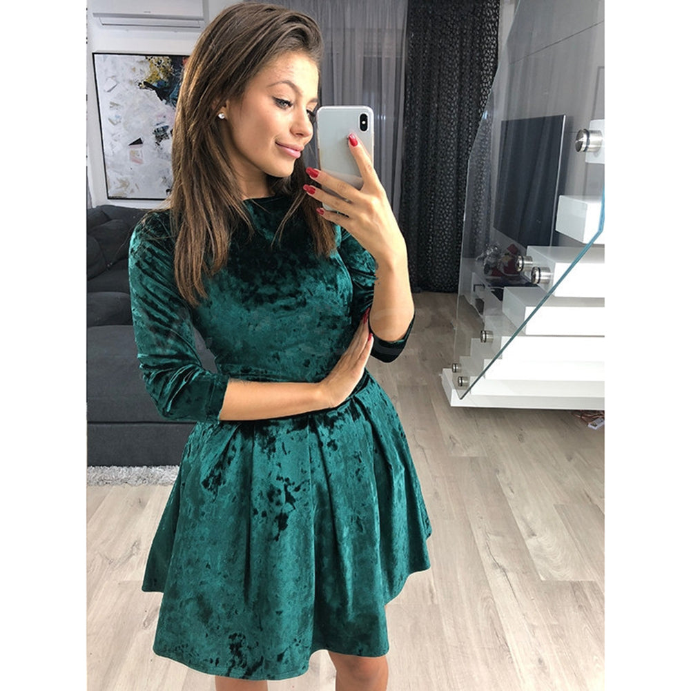Winter Three-quarter Sleeve Evening Party Solid Color Crushed Velour Mini Dress