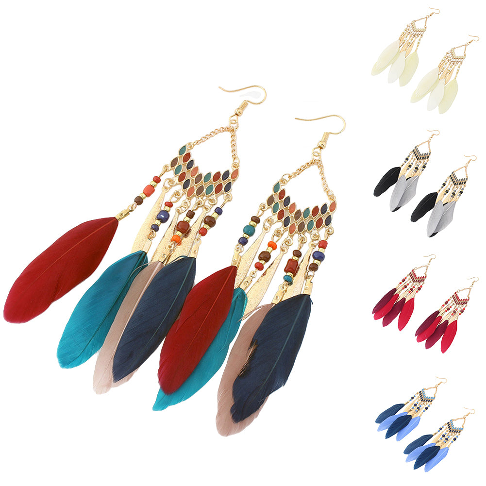 Women Feather Dangle Bohemian Ethnic Tassels Beads Drop Hook Earrings Jewelry