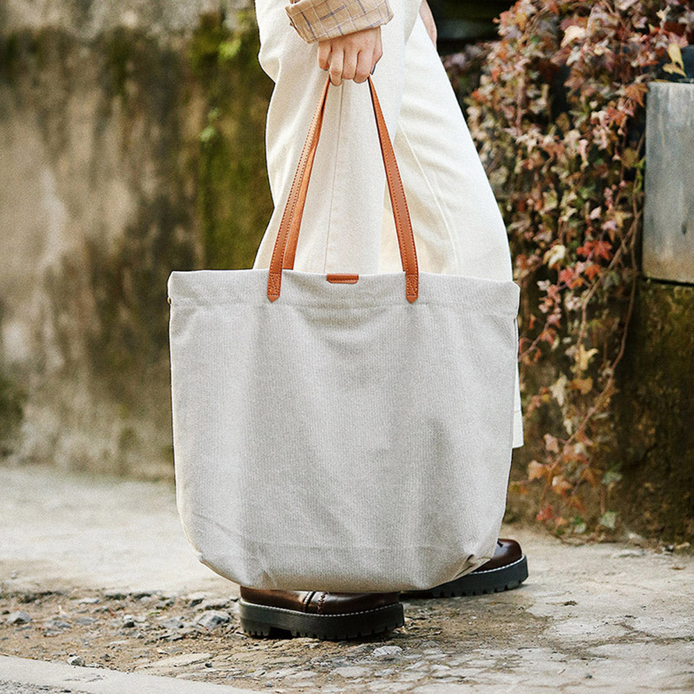 Faux Leather Strap Canvas Bag Shopping Travel Large Capacity Shoulder Handbag