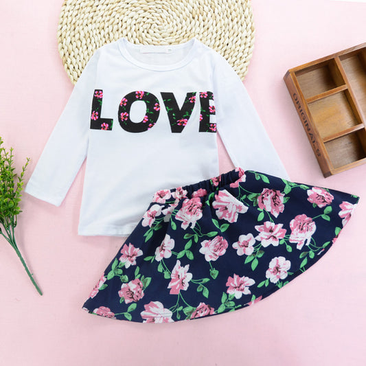 Kid Girls Fashion Spring Love Flowers Printed Long Sleeve Shirt Skirt Outfits