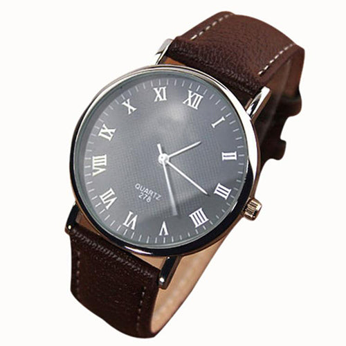 Men Fashion Faux Leather Band Roman Numerals Quartz Analog Sport Wrist Watch