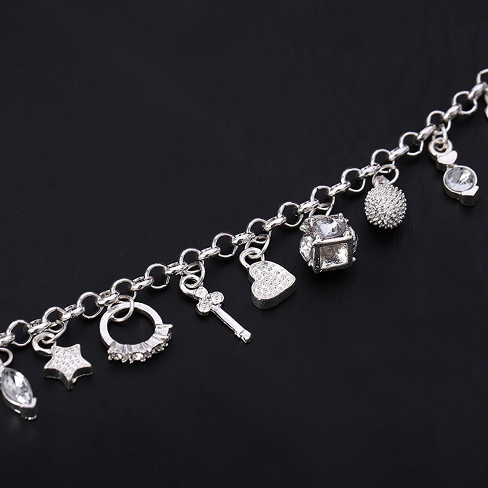 Women Silver Plated Cross Moon Star 13 Charms Pendants Bracelet Bangle Jewelry