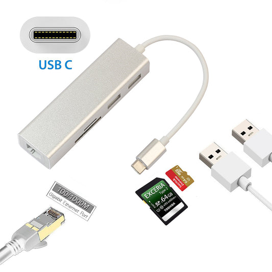 USB Type C Hub Wired Gigabit Ethernet Card LAN Adapter with SD/TF Card Reader