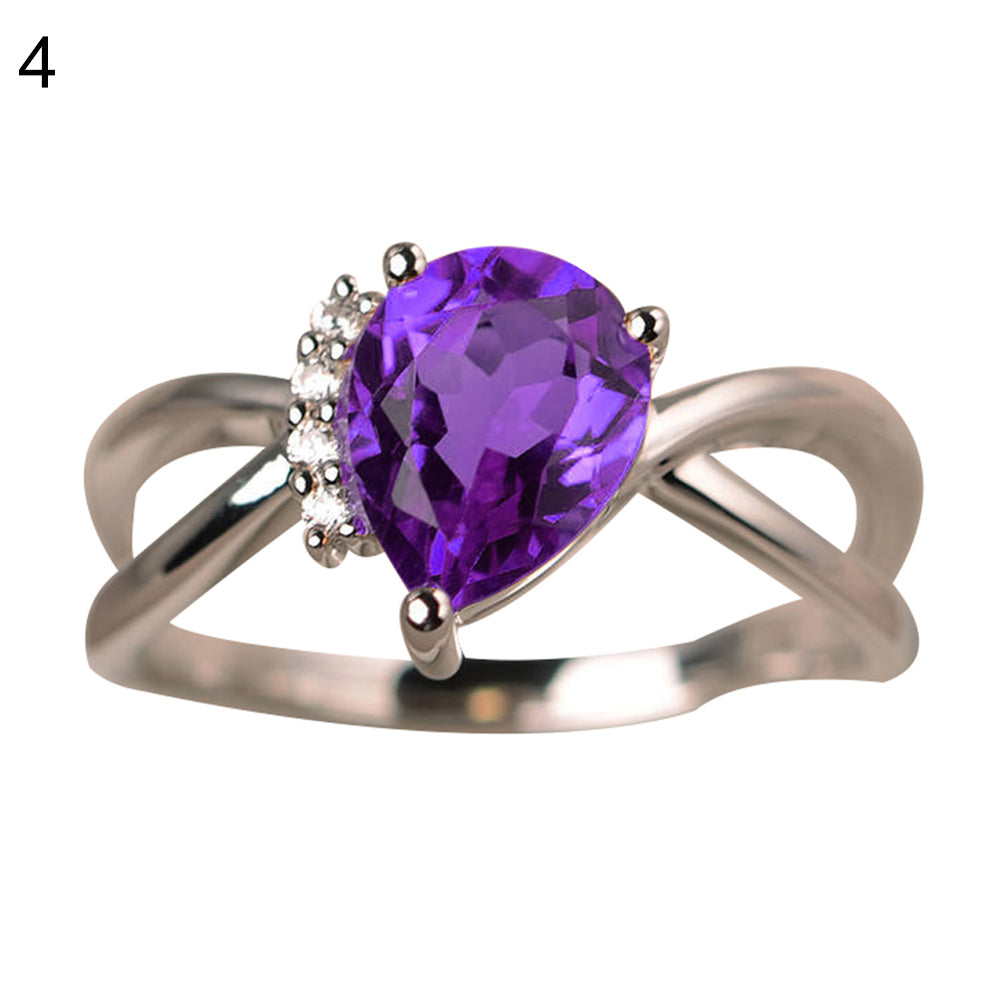 Fashion Women Drop Pear Faux Gem Rhinestone Inlaid Slim Band Party Ring Jewelry