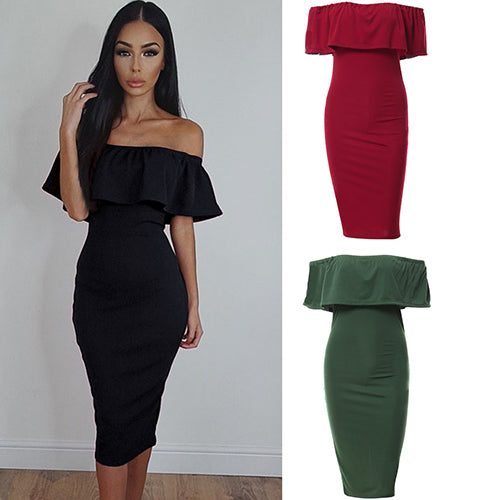 Women Off the Shoulder Ruffled Collar Bodycon Package Hip Party Club Sexy Dress