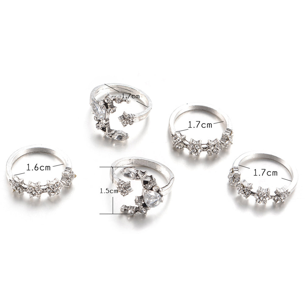 5Pcs/Set Fashion Women Star Moon Rhinestone Knuckle Finger Ring Jewelry Gifts