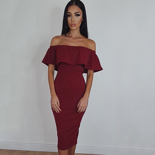 Women Off the Shoulder Ruffled Collar Bodycon Package Hip Party Club Sexy Dress