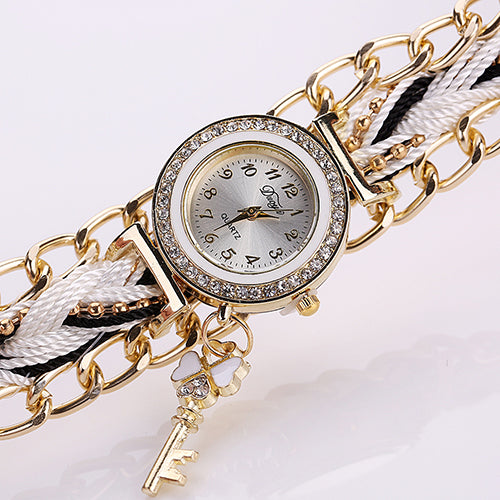 Women's Fashion Rhinestone Clover Key Pendant Braided String Chain Wrist Watch