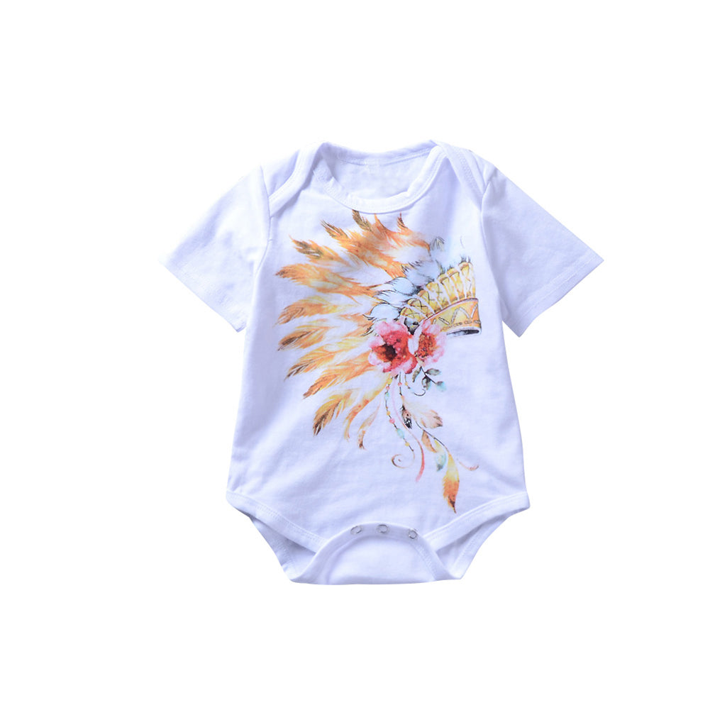 Newborn Baby Girls Boys Flower Short Sleeve Top Romper Pants Headband Outfits