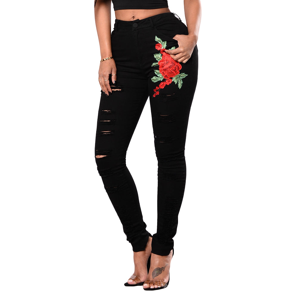 Fashion Lady Ripped Jeans Casual Embroidered Denim Elasticity Pencil Long Pants