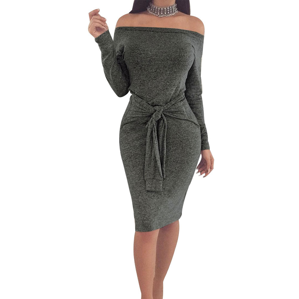 Women Off-Shoulder Long Sleeve Autumn Winter Sexy Bodycon Evening Party Dress