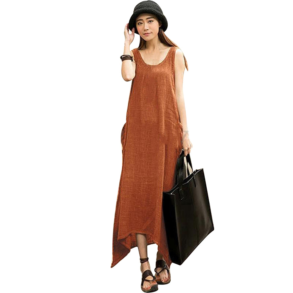 Boho Plus Size Sleeveless Casual Loose Solid Color Irregular Hem Long Maxi Dress