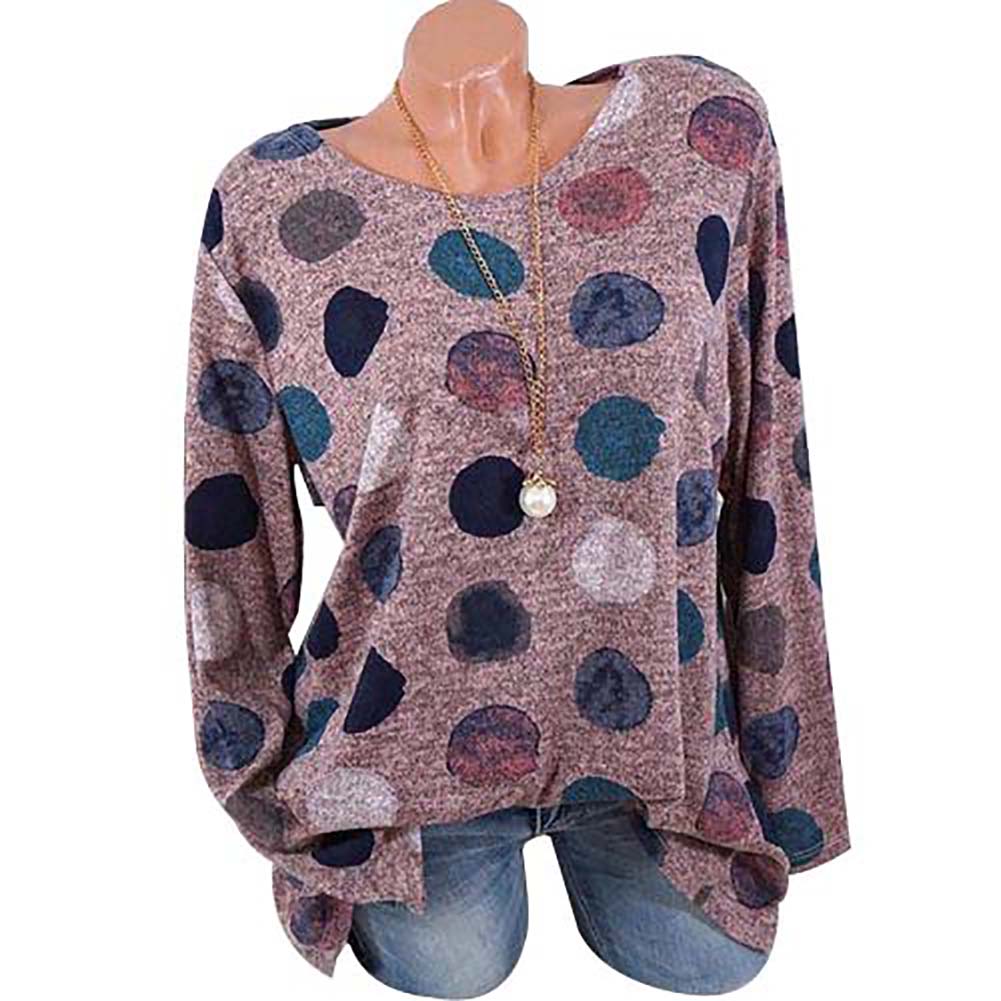 Fashion Dot Printed Round Neck Long Sleeve Women Casual Pullover T-shirt Top