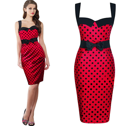 Women Summer Vintage Sexy Polka Dots Sleeveless Bodycon Bowknot Pencil Dress