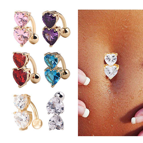 Women Peach Hearts Body Piercing Belly Button Ring Dangle Drop Reverse Navel Bar