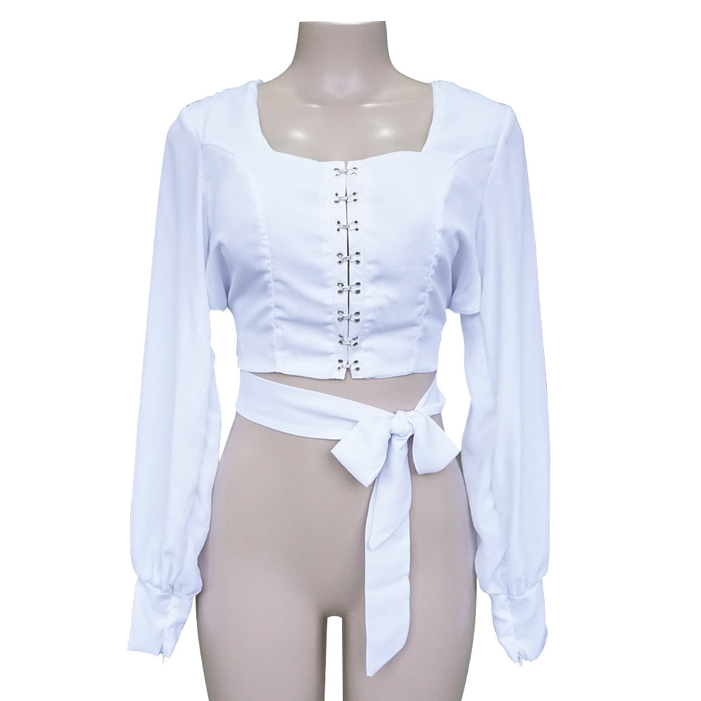 Fashion Women Solid Color Long Sleeve Summer Backless Bandage Crop Top Blouse