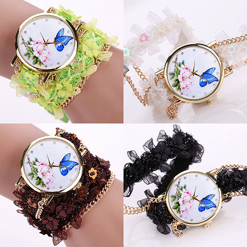 Lady Analog Golden Tone Case Flowers Butterfly Rhinestone Lace Alloy Chain Watch