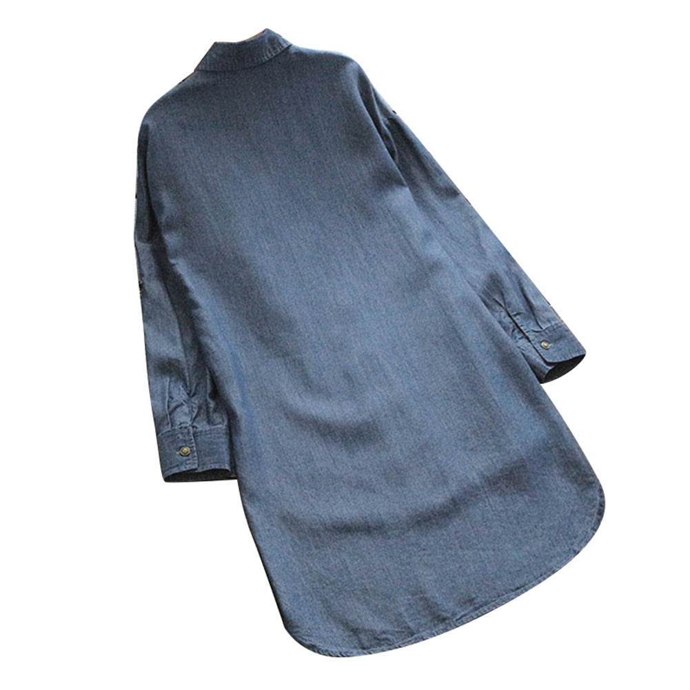 Solid Color Adjustable Long Sleeve Women's Casual Irregular Denim Shirt Top