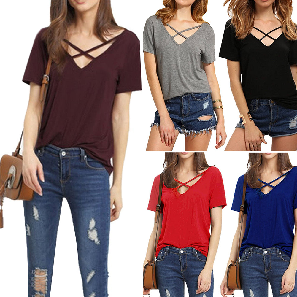 Fashion Women Deep V-neck Crossed Strap Short Sleeve T-shirt Casual Tee Shirt