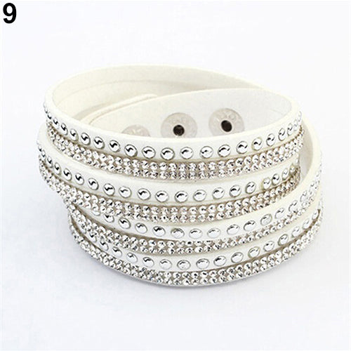 Women's Multilayer Faux Leather Punk Rhinestone Cuff Bracelet Bangle Wristband