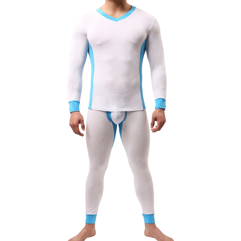 Winter Men Ultra Soft Color Block Thermal Underwear Set Top T-Shirt + Long Pants