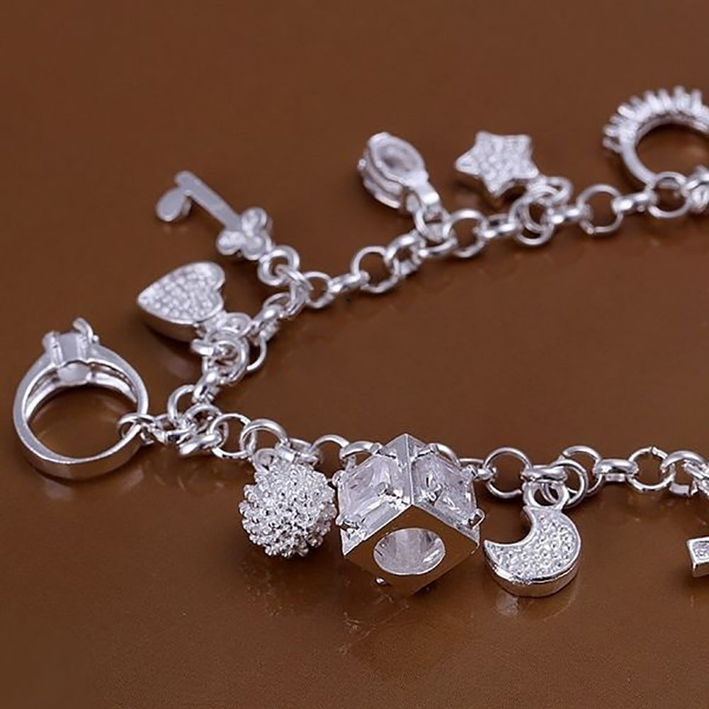 Women Silver Plated Cross Moon Star 13 Charms Pendants Bracelet Bangle Jewelry