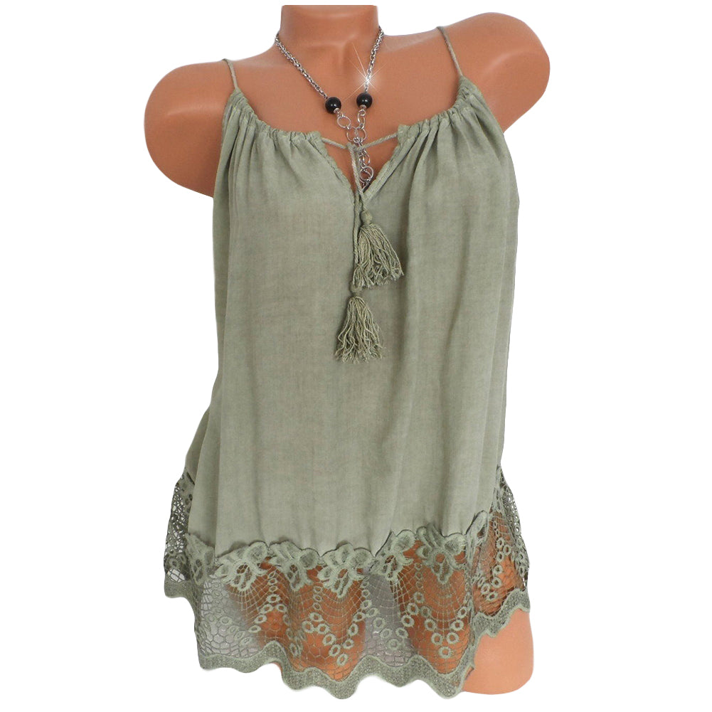 Women Summer Lace Solid Color Sleeveless Spaghetti Strap Tank Top Vest Blouse