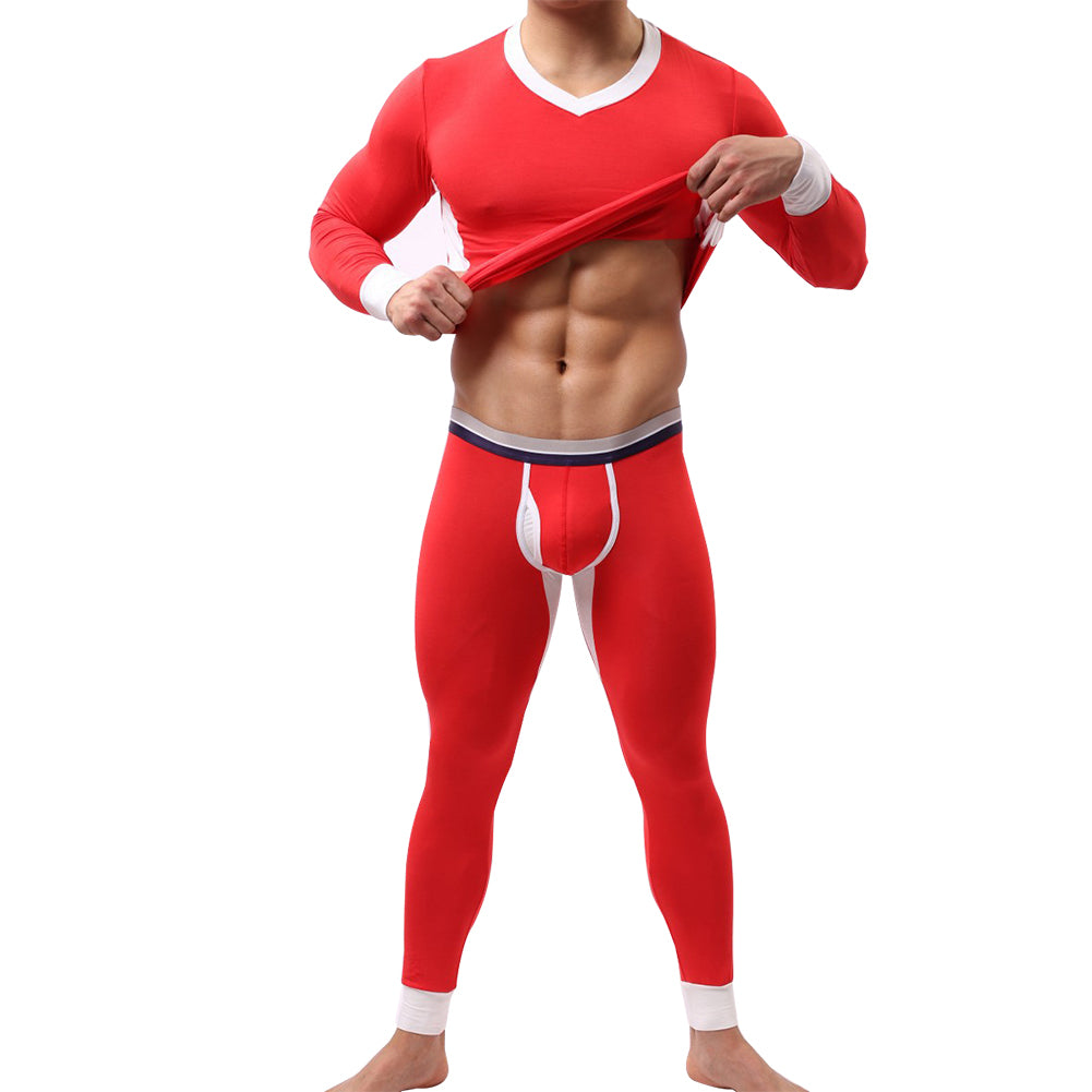 Winter Men Ultra Soft Color Block Thermal Underwear Set Top T-Shirt + Long Pants