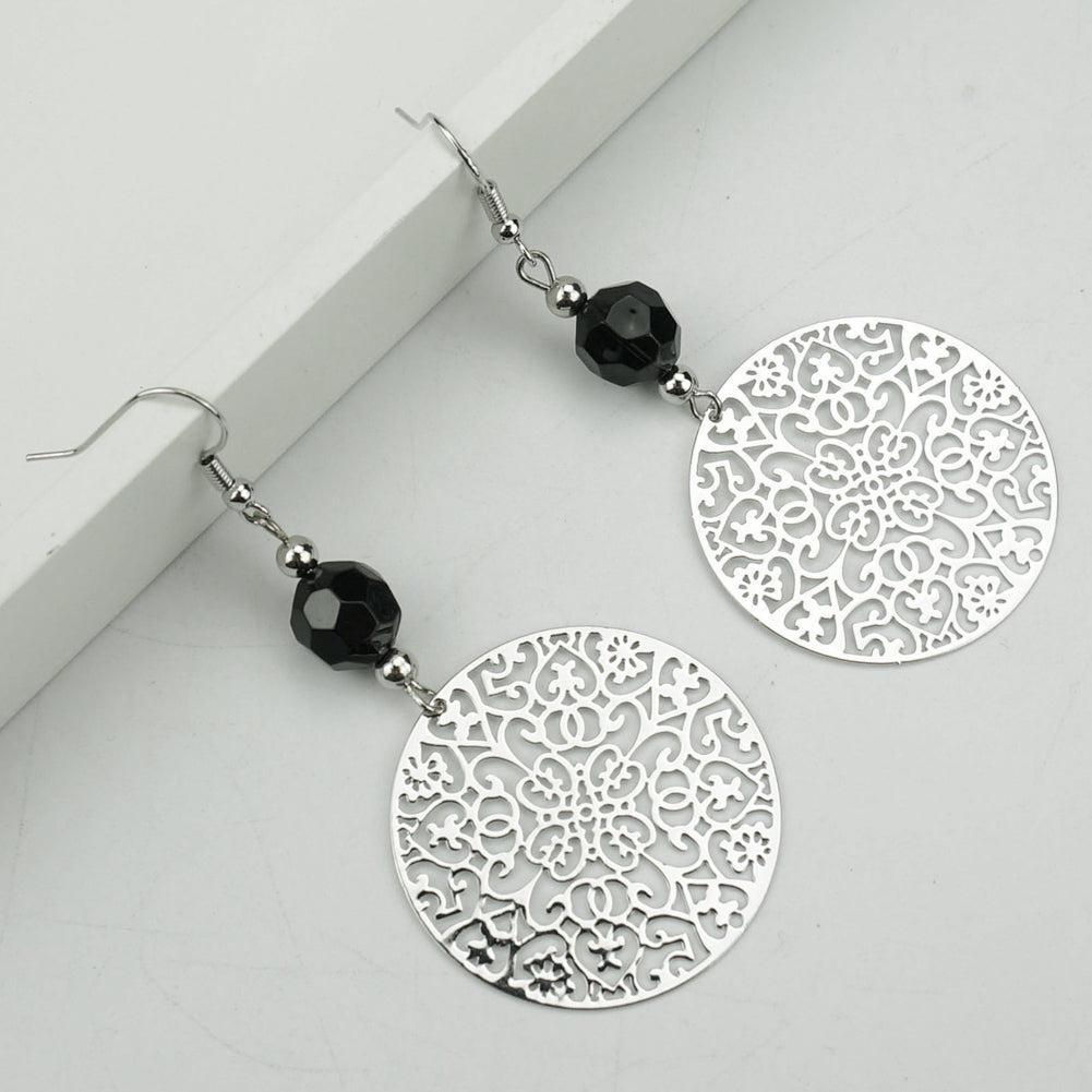 Vintage Women Hook Earrings Big Hollow Round Flower Bead Pendant Party Jewelry