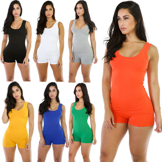 Women Sexy Summer Solid Color Tight Sportswear Jumpsuit Sleeveless Romper Shorts